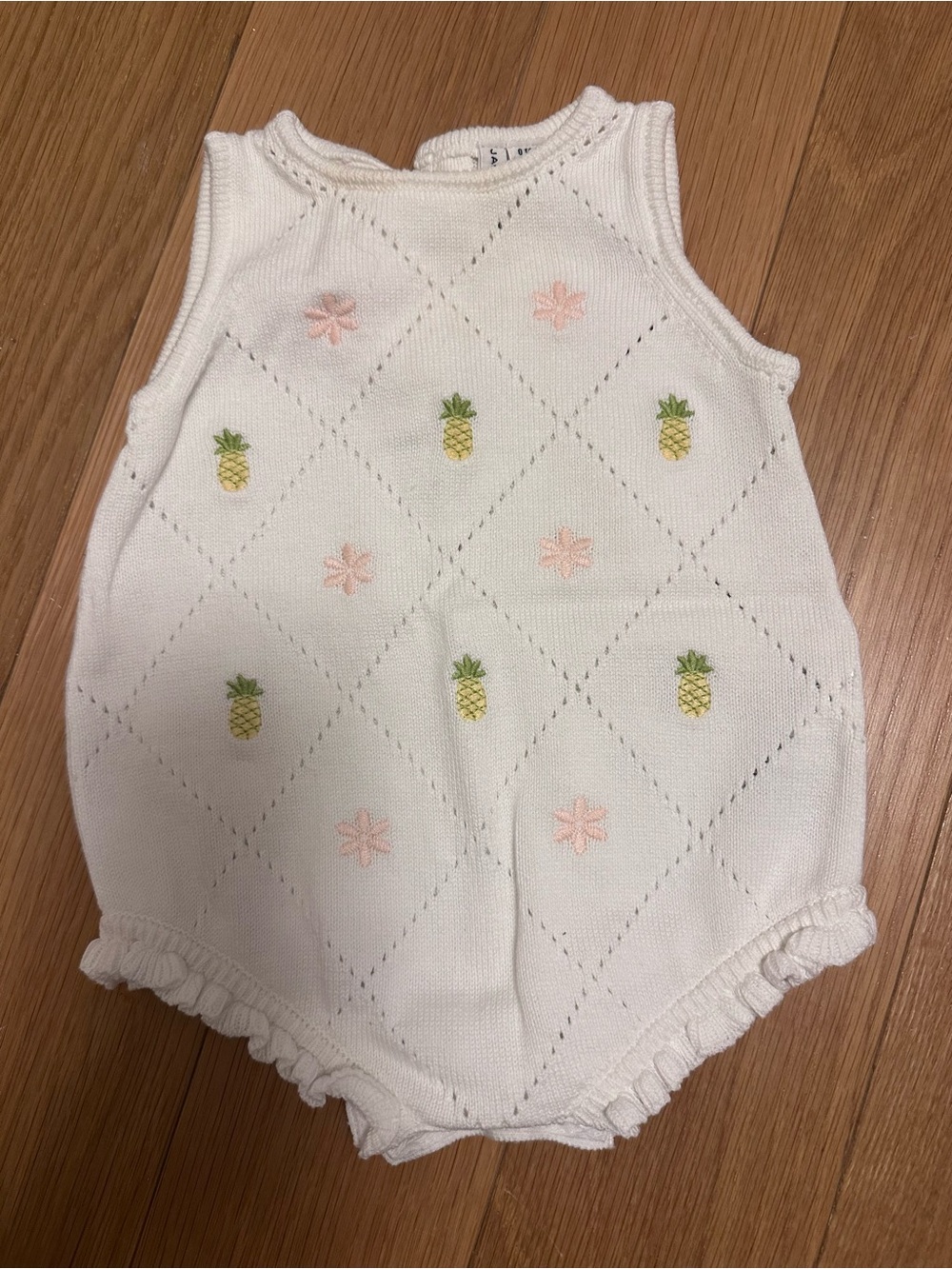Janie and Jack White Knit Romper with Yellow Pineapple Embroidery
